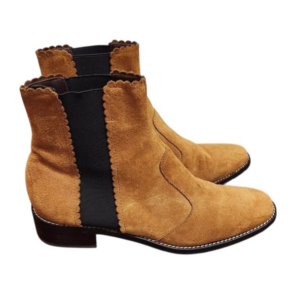 See By Chloe Tan Suede Ankle Boots Women’s Size 41 US 10 Scalloped Trim - Picture 3 of 12